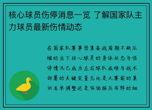 核心球员伤停消息一览 了解国家队主力球员最新伤情动态